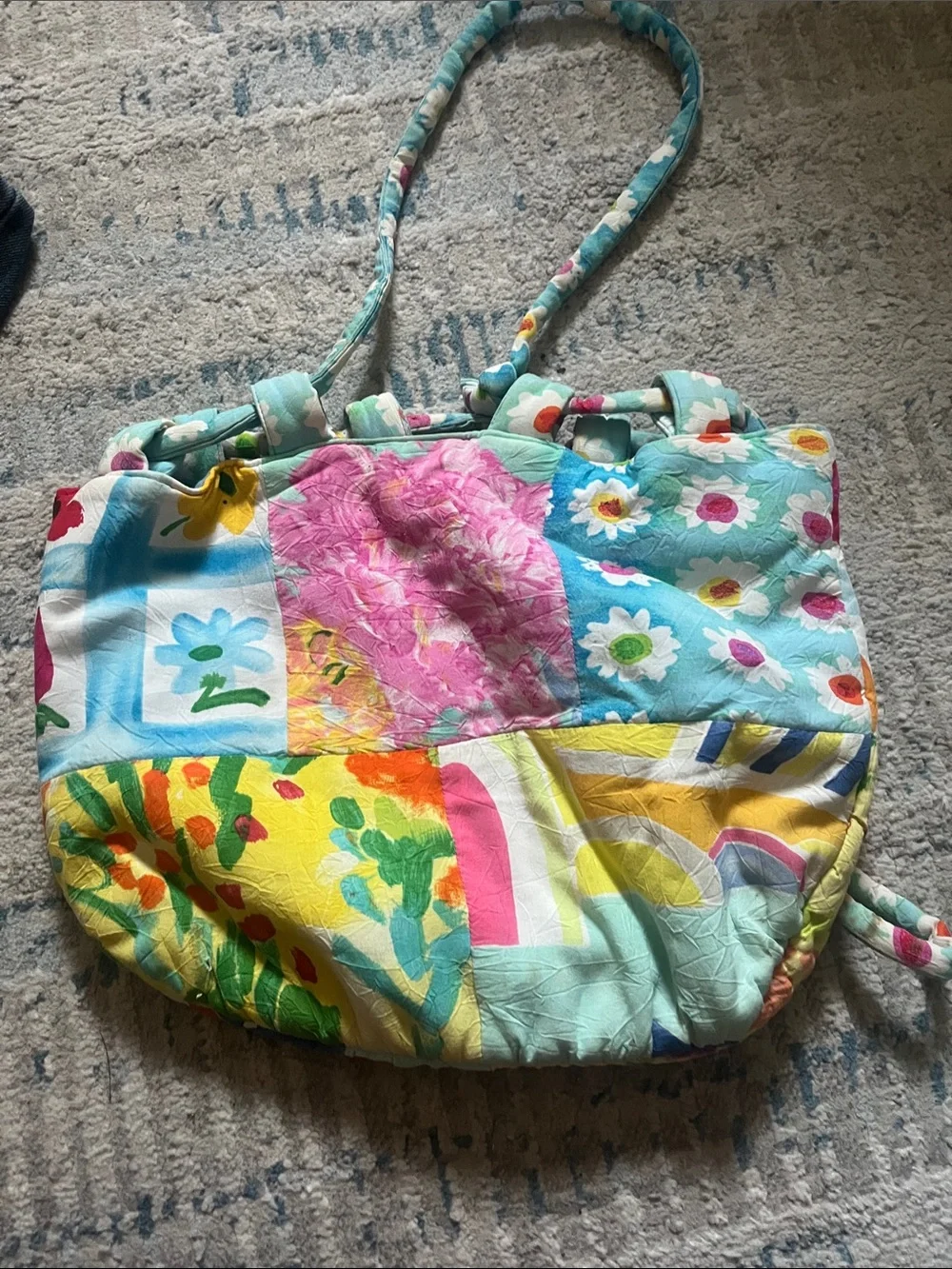 Jams World Multicolor Quilted Floral Patchwork Tote in Aqua & Yellow